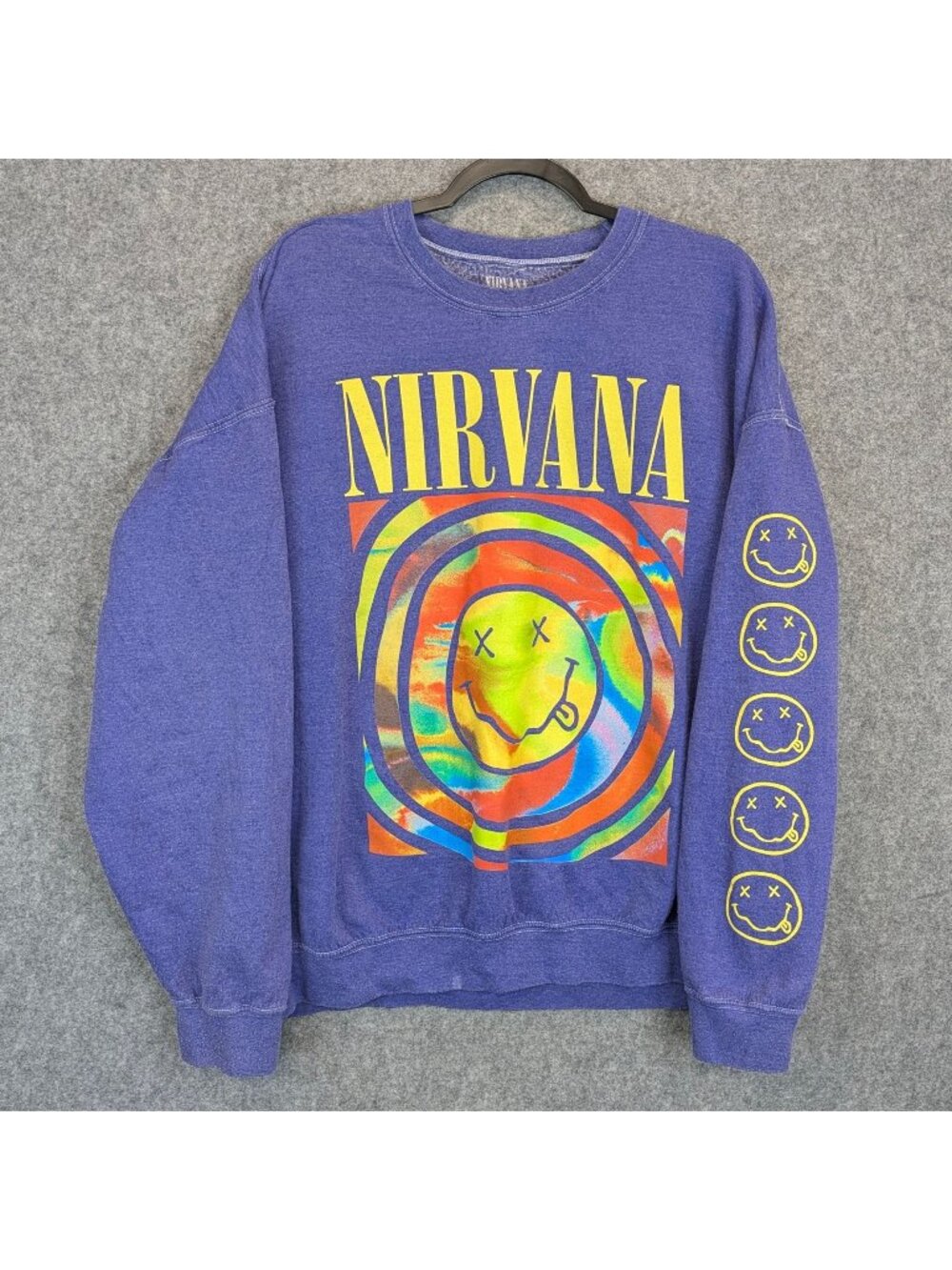 Nirvana Tie-Dye Smiley Face Long Sleeve Graphic Sweatshirt Purple Small Medium